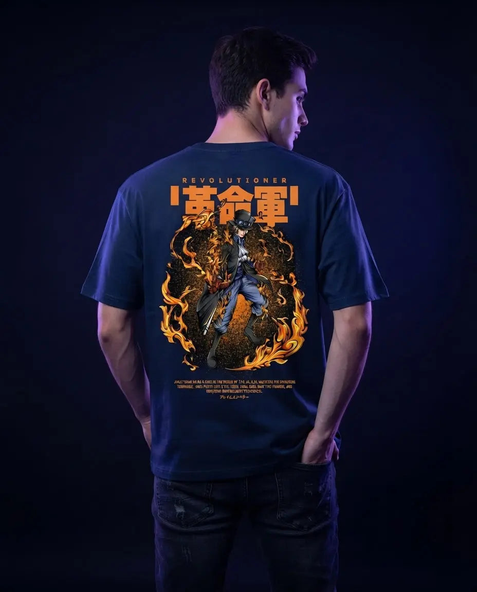 One Piece Sabo Revolutionary Army Navy Blue Graphic Streetwear T-Shirt Anime clothing mania