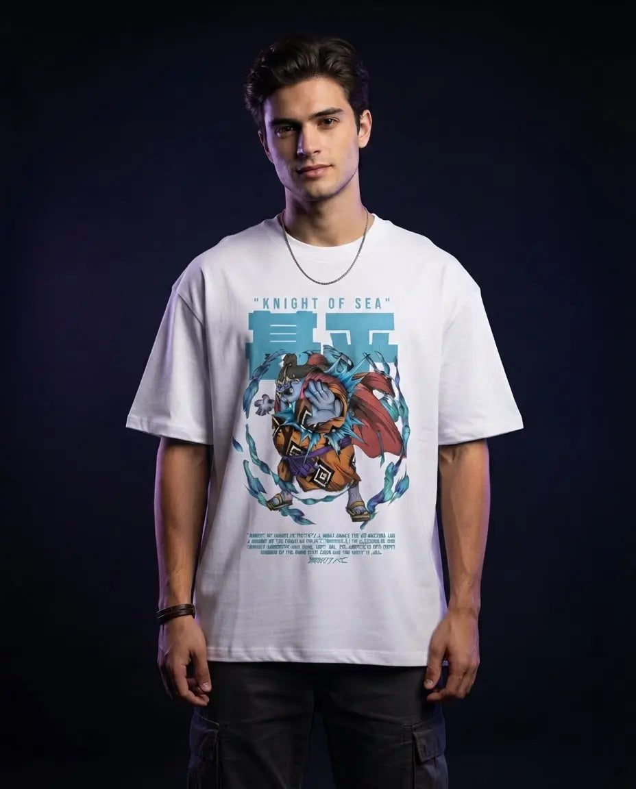 One Piece Jinbe "Knight of the Sea" White Graphic T-Shirt (Plain Back) animeclothingmania