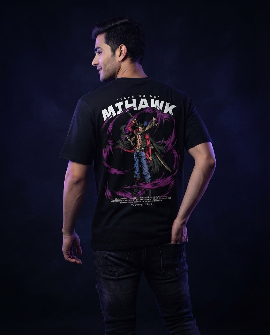One Piece Dracule Mihawk "Taka no Me" Black Graphic Streetwear T-Shirt Anime clothing mania