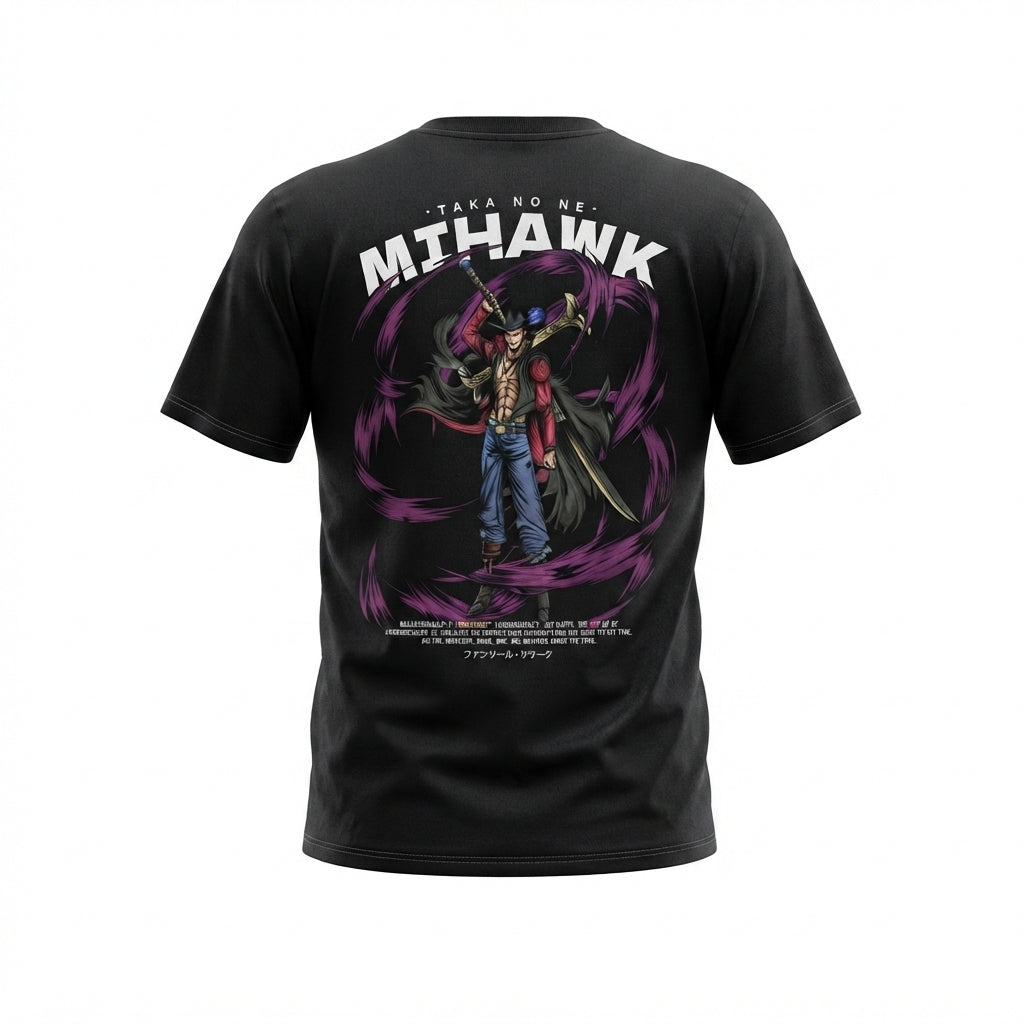 One Piece Dracule Mihawk "Taka no Me" Black Graphic Streetwear T-Shirt Anime clothing mania