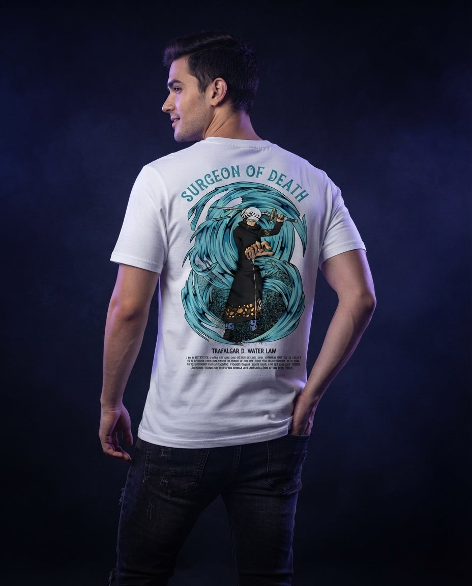 One Piece Trafalgar D. Water Law Surgeon of Death White Graphic Streetwear T-Shirt Anime clothing mania