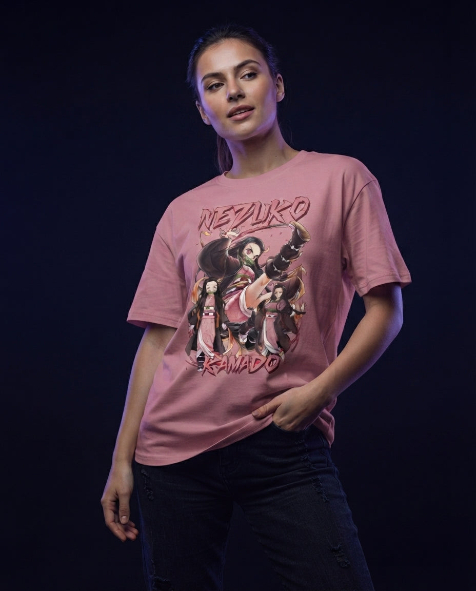 Demon Slayer Nezuko Kamado Mauve Pink Graphic Streetwear T-Shirt Anime clothing mania
